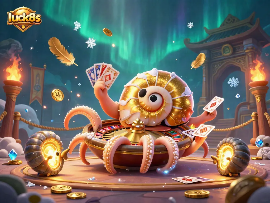 Play casino games with luck8s, where an ancient nautilus holds cards amid gold coins and dynamic particles.
