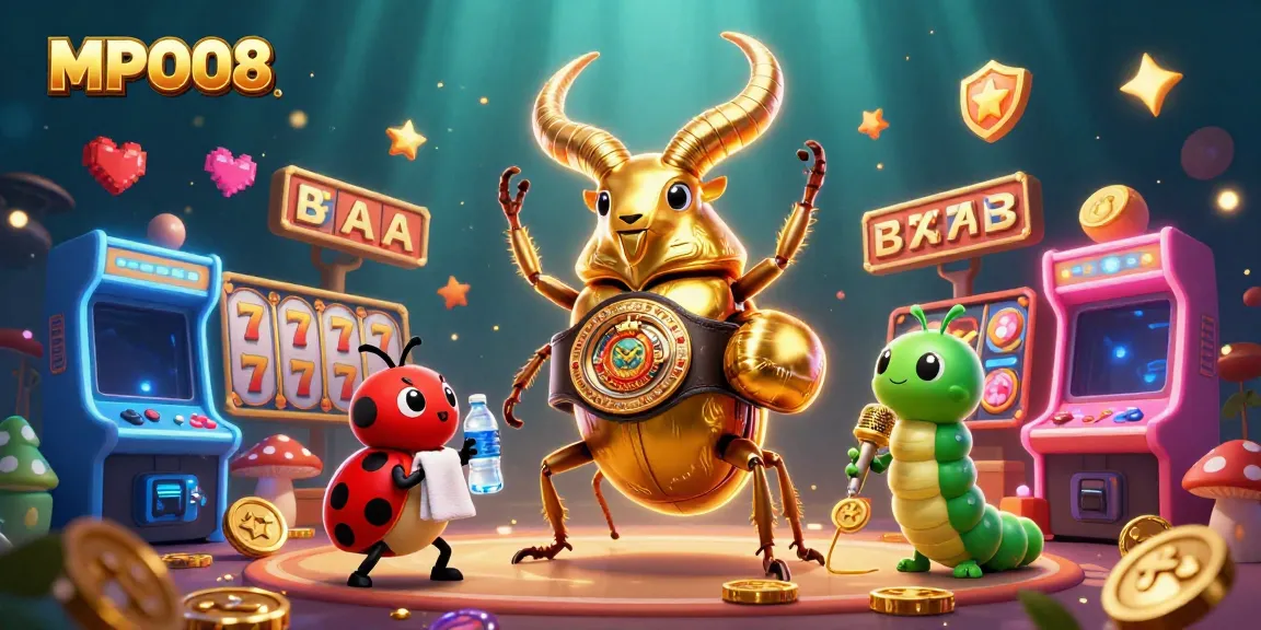 Experience the thrill of MPO08 gaming with vibrant slots and a dynamic 3D scene featuring cartoon characters.
