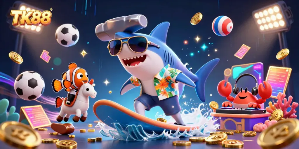Engage with the excitement of TK88 as a shark surfs on gold coins, accompanied by a clownfish and crab DJ in a vibrant casino atmosphere.