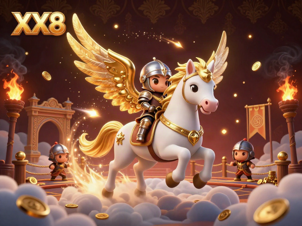 Bet on thrilling adventures with the celestial XX8 horse and knight in a vibrant casino scene.