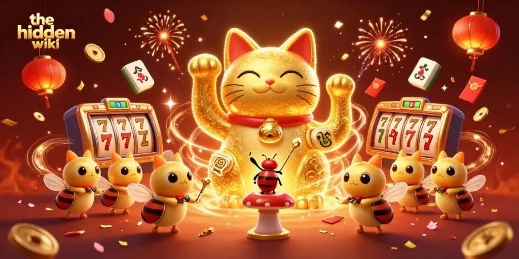 The hidden wiki reveals a vibrant casino-themed illustration featuring a lucky cat and dynamic game elements.
