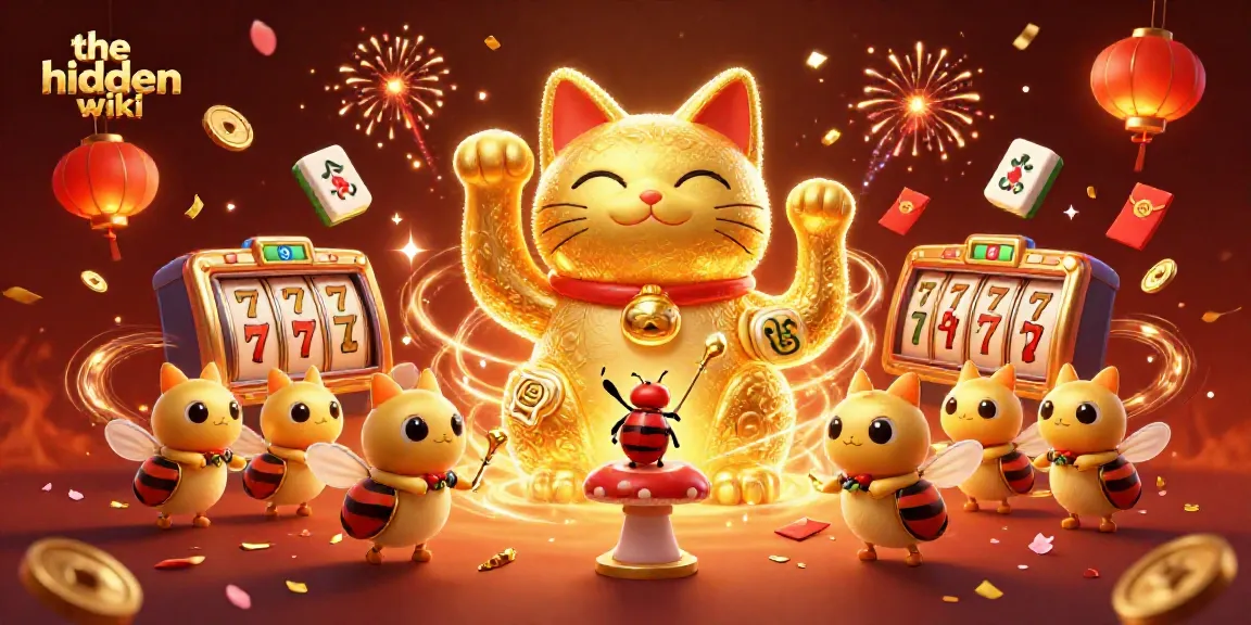 The hidden wiki reveals a vibrant casino-themed illustration featuring a lucky cat and dynamic game elements.