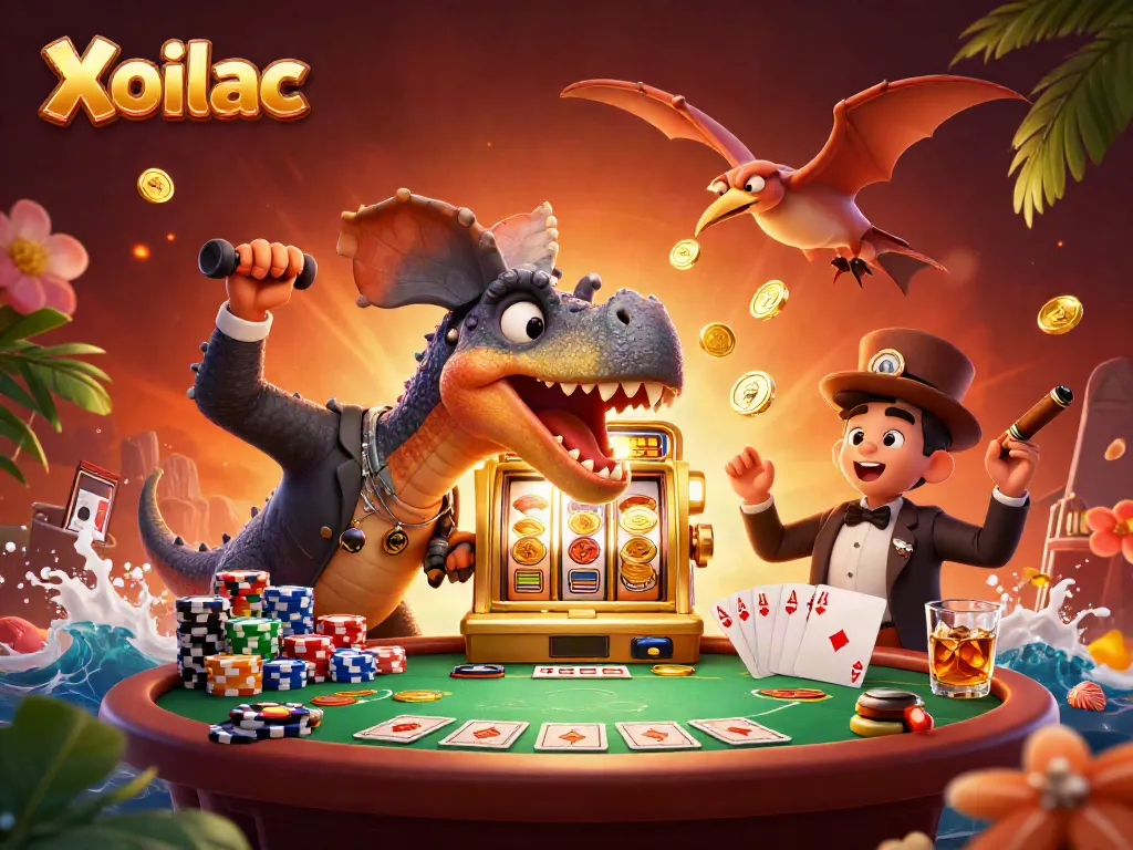 Experience Xoilac as a cartoon pachycephalosaurus ignites a slot machine jackpot in a vibrant casino scene.