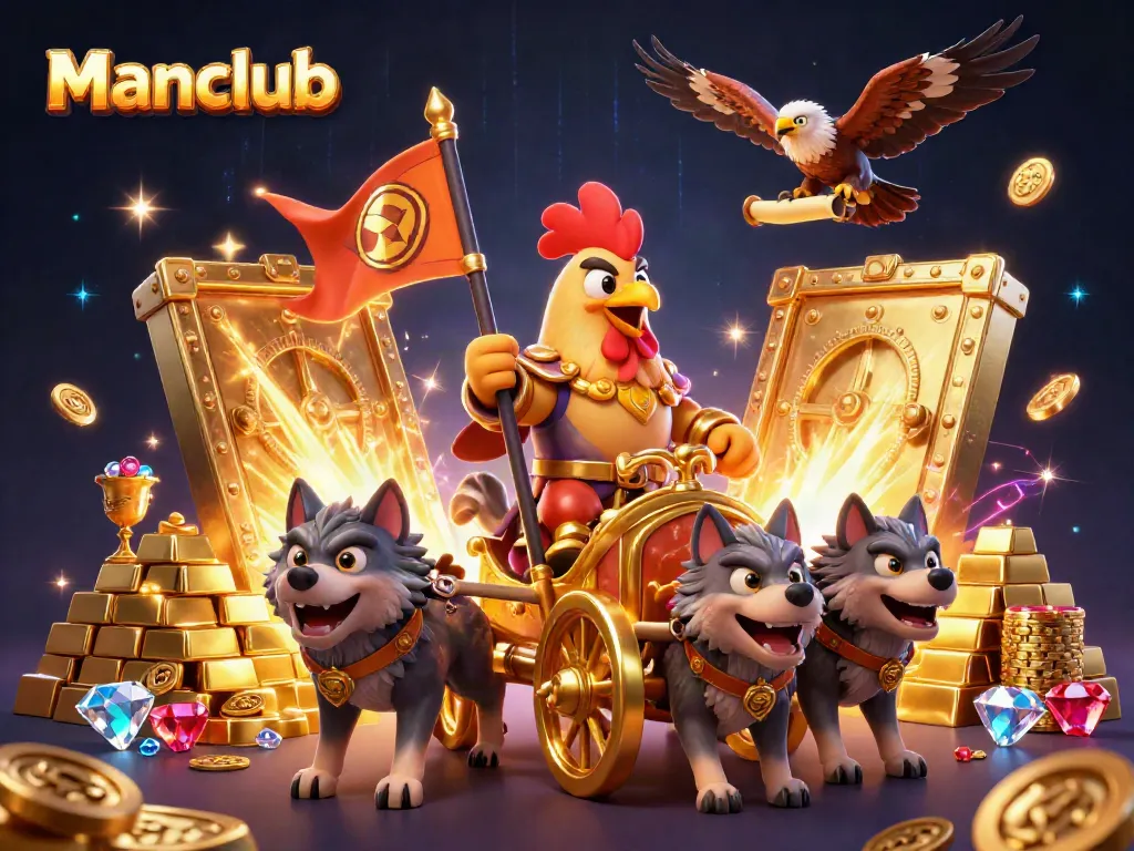 Manclub rooster warlord leads a dynamic gaming scene with gold treasures and vibrant casino elements.