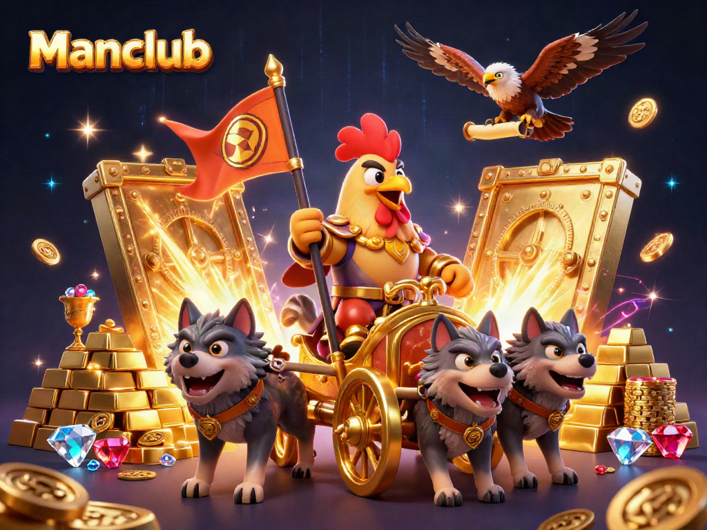 Manclub rooster warlord leads a dynamic gaming scene with gold treasures and vibrant casino elements.