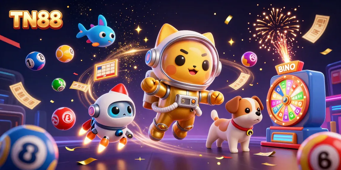 Experience the thrill of TN88 as colorful elements and characters blend in a lively casino scene.