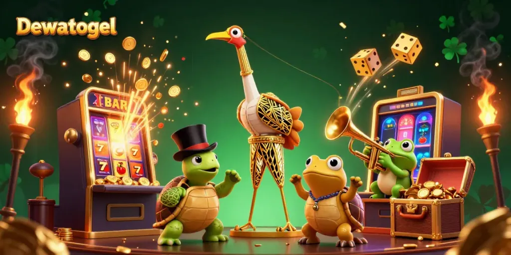 Dewatogel showcases a dynamic 3D virtual casino scene featuring exciting gaming characters and vivid gold elements.