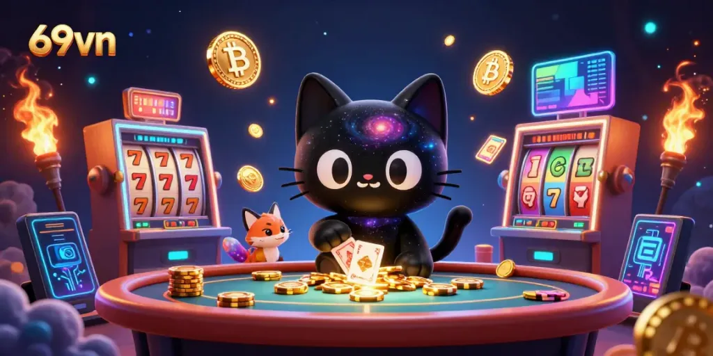 Experience the thrill of 69vn gaming with a cosmic casino scene featuring a black hole cat and slot machine elements.