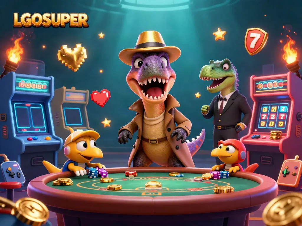 Experience thrill at LGOSUPER with a velociraptor card counter and stegosaurus pit boss in a vibrant casino scene.
