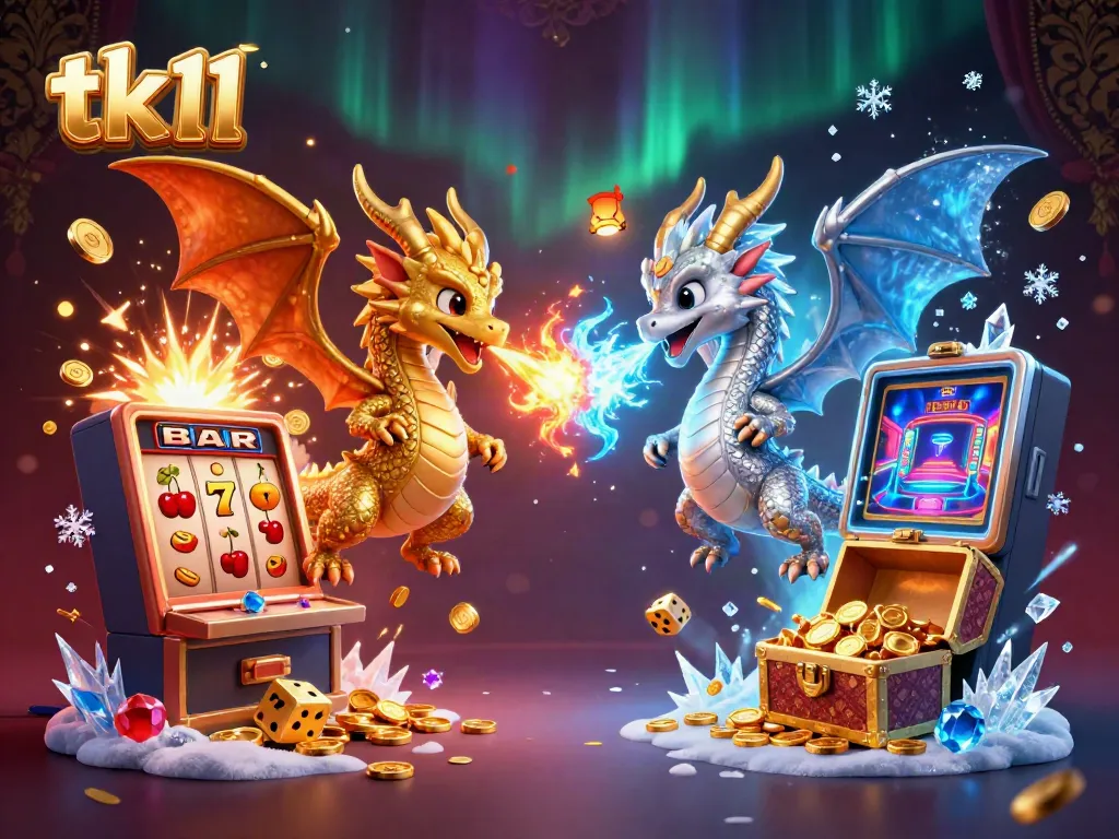 Engage with the vibrant tk11 casino experience featuring twin dragons amid a jackpot explosion.