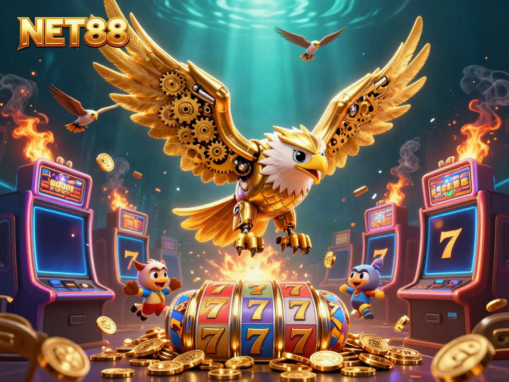 Experience the excitement of NET88 with a golden eagle soaring through vibrant slot game visuals, igniting luck and fortune.