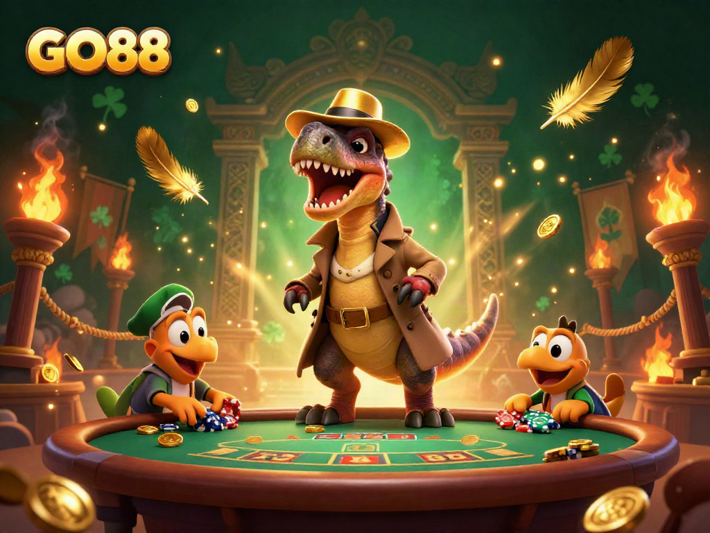 Experience thrilling games at GO88 with a velociraptor card counter and stegosaurus pit boss surrounded by action.