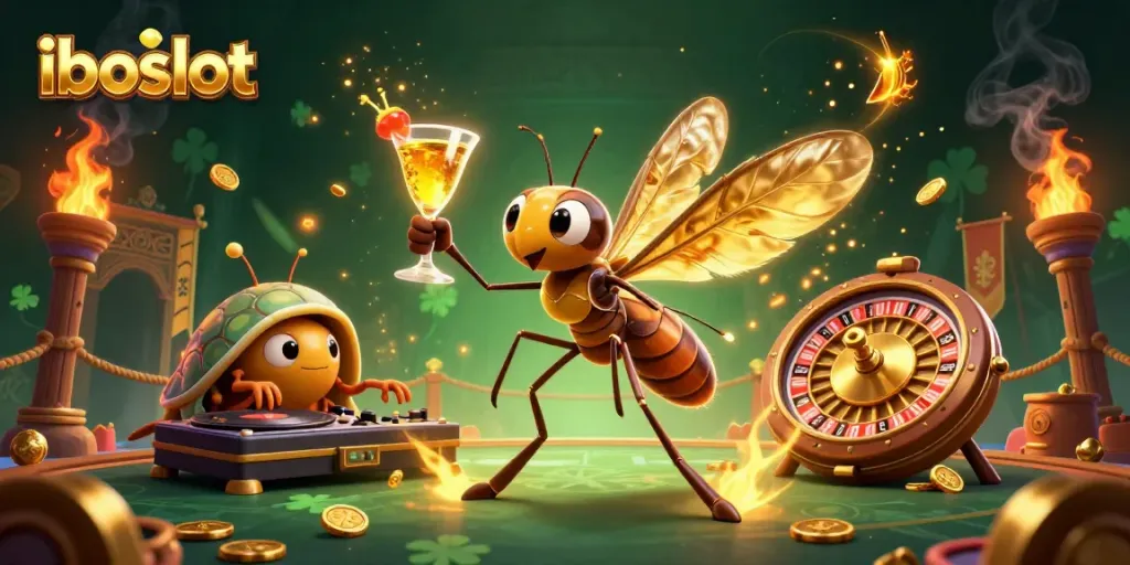 Experience thrilling gameplay at iboslot with a vibrant illustration of casino elements and unique characters.