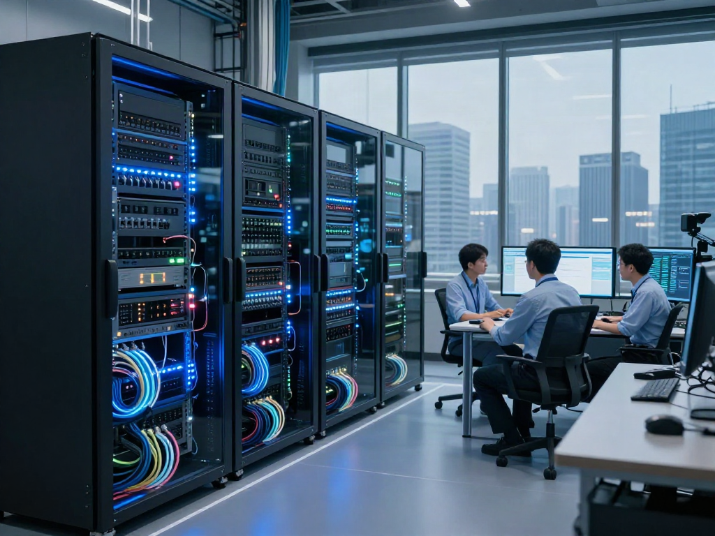 Technicians collaborating on AI infrastructure monitoring GPU racks and data analytics.