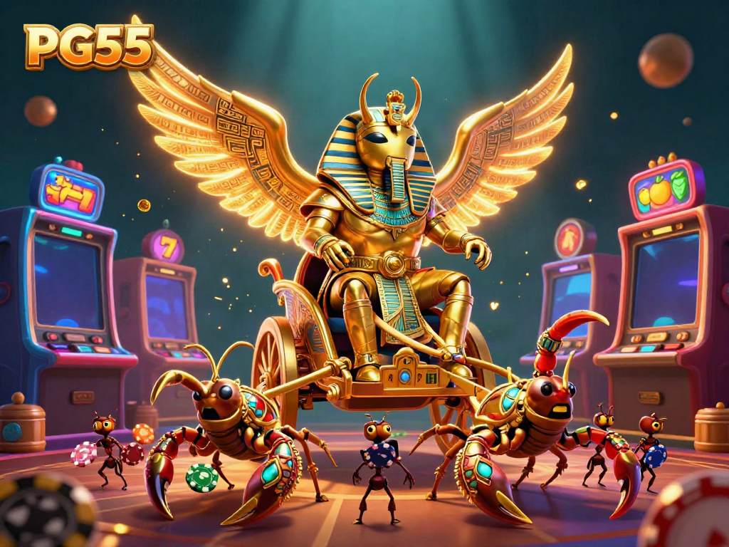 Engage with PG55 in this vibrant casino scene featuring a golden scarab beetle and dynamic slot machines.