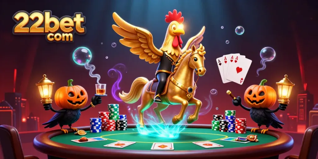 Experience the thrill of 22bet com with a vibrant 3D casino scene featuring poker and festive characters.