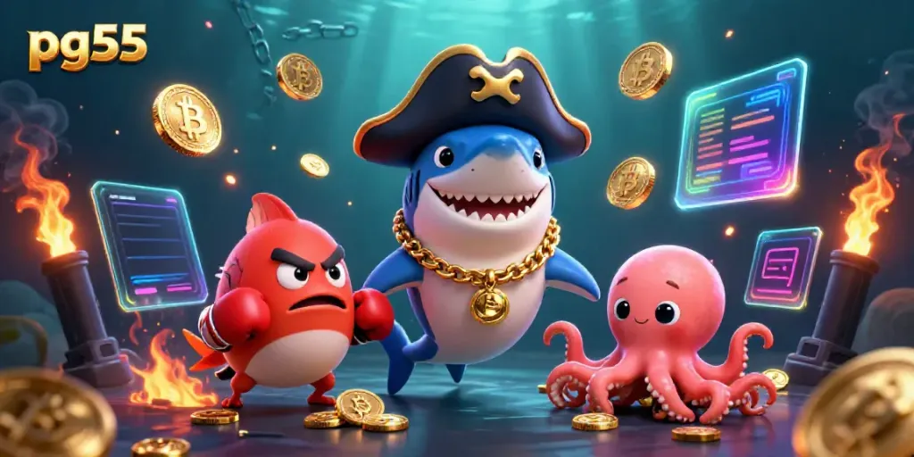 Win thrilling prizes with pg55 in this vibrant underwater casino scene filled with crypto elements.