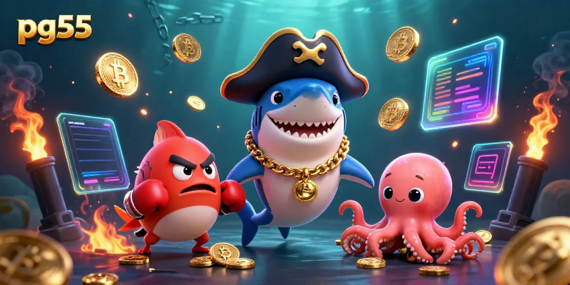 Win thrilling prizes with pg55 in this vibrant underwater casino scene filled with crypto elements.