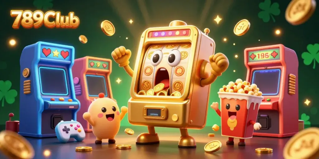 Experience thrilling wins with 789Club as a cartoon golden slot machine celebrates hitting the jackpot amidst a vibrant casino scene.
