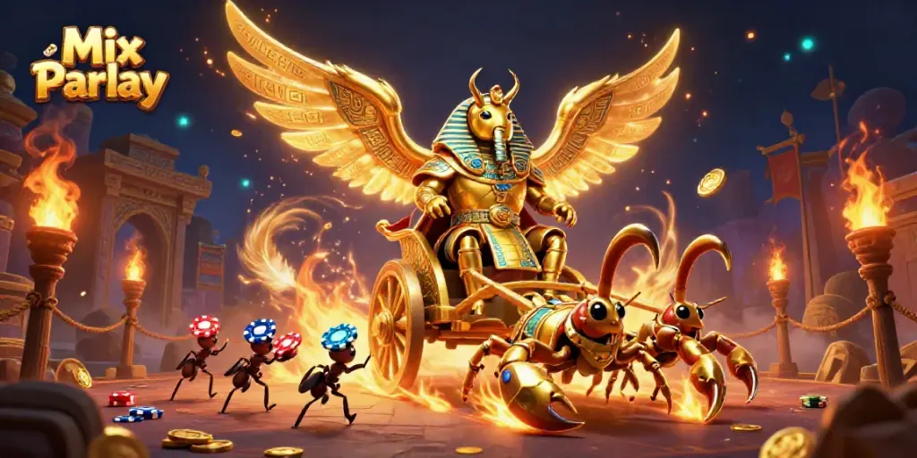 Engage in Mix Parlay betting with stunning visuals of golden beetles and scorpions, and poker chips.