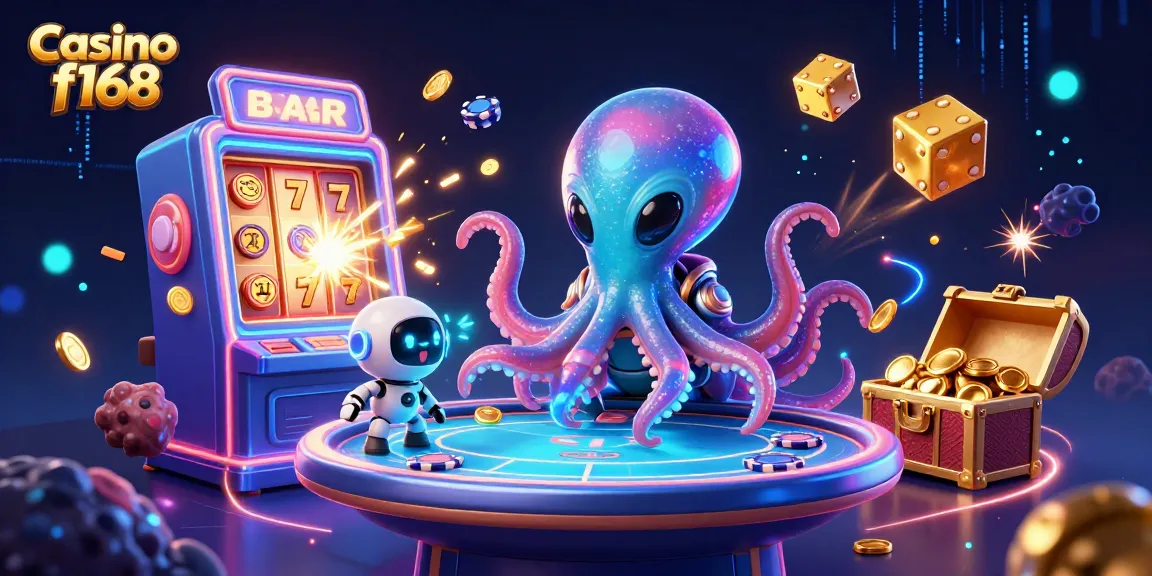 Experience thrilling wins at Casino f168 with an alien octopus controlling a holographic poker table in a cosmic setting.