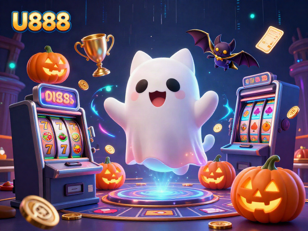 Experience U888 with a fun ghost cat and bat in a vibrant haunted casino scene.