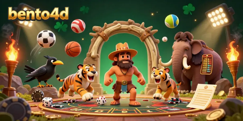 Bento4d showcases a lively prehistoric casino with animated characters using stone chips and bone dice in a vibrant scene.