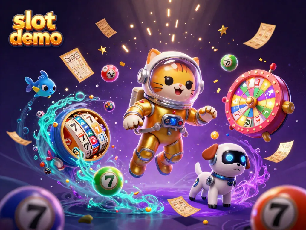 Engaging slot demo scene featuring an astronaut cat, robot companion, and vibrant game elements, promoting fun.