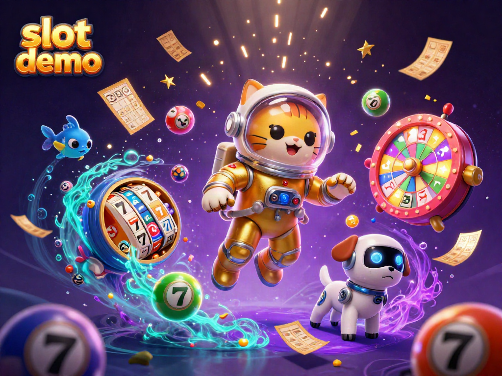 Engaging slot demo scene featuring an astronaut cat, robot companion, and vibrant game elements, promoting fun.