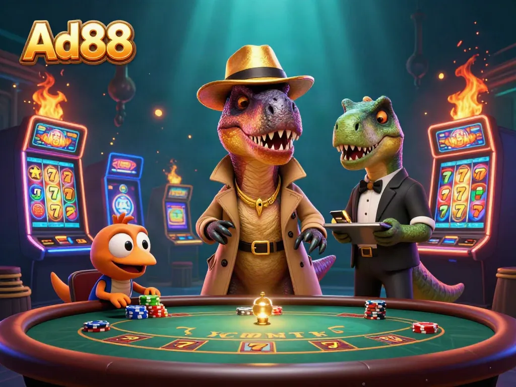Ad88's casino scene featuring a velociraptor at a blackjack table while a stegosaurus pit boss monitors, full of colorful slot machines.