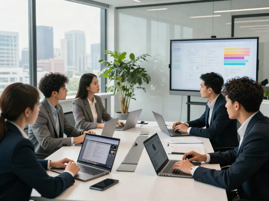 Deepfake protected meetings in a collaborative office setting, showcasing team engagement and technology.