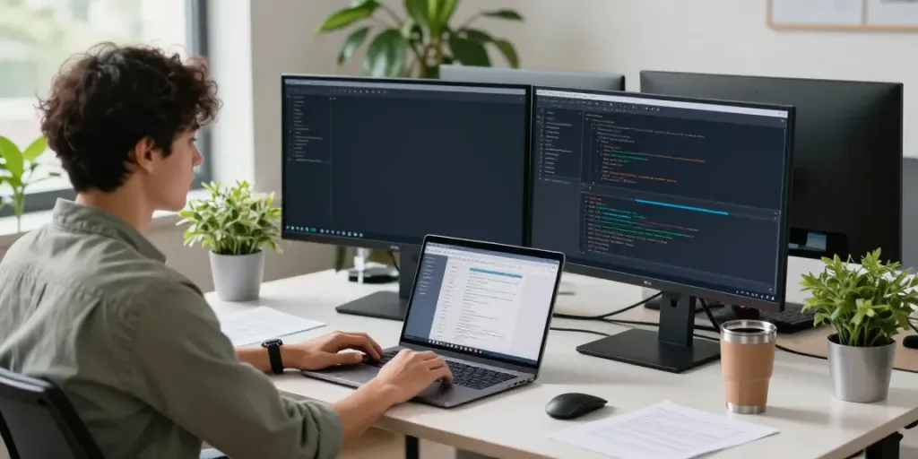 Developer at a modern workstation coding, showcasing the best pbn hosting environment.