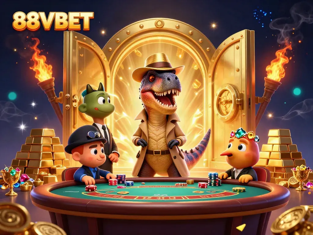 Experience the excitement of 88VBET with a fun 3D illustration of a velociraptor card counter.