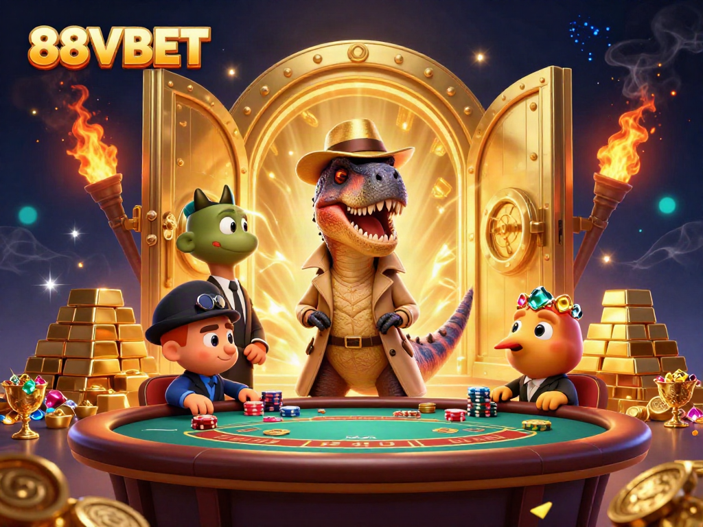 Experience the excitement of 88VBET with a fun 3D illustration of a velociraptor card counter.