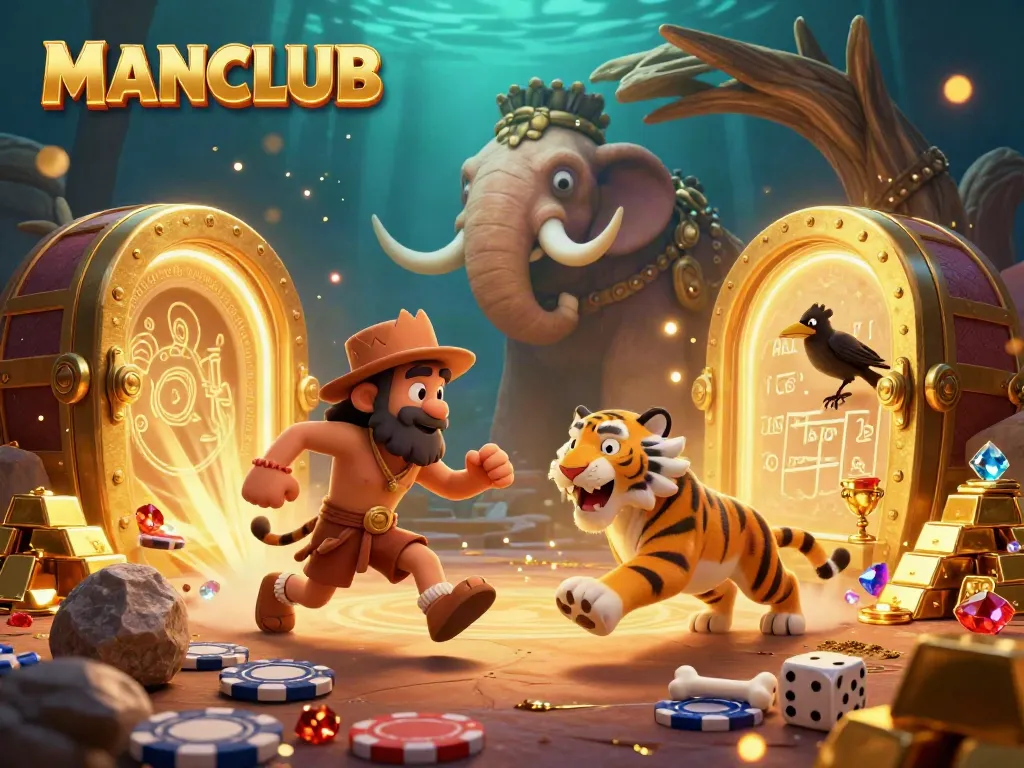 Engage in the thrilling MANCLUB prehistoric casino adventure with 3D characters and gold treasures.