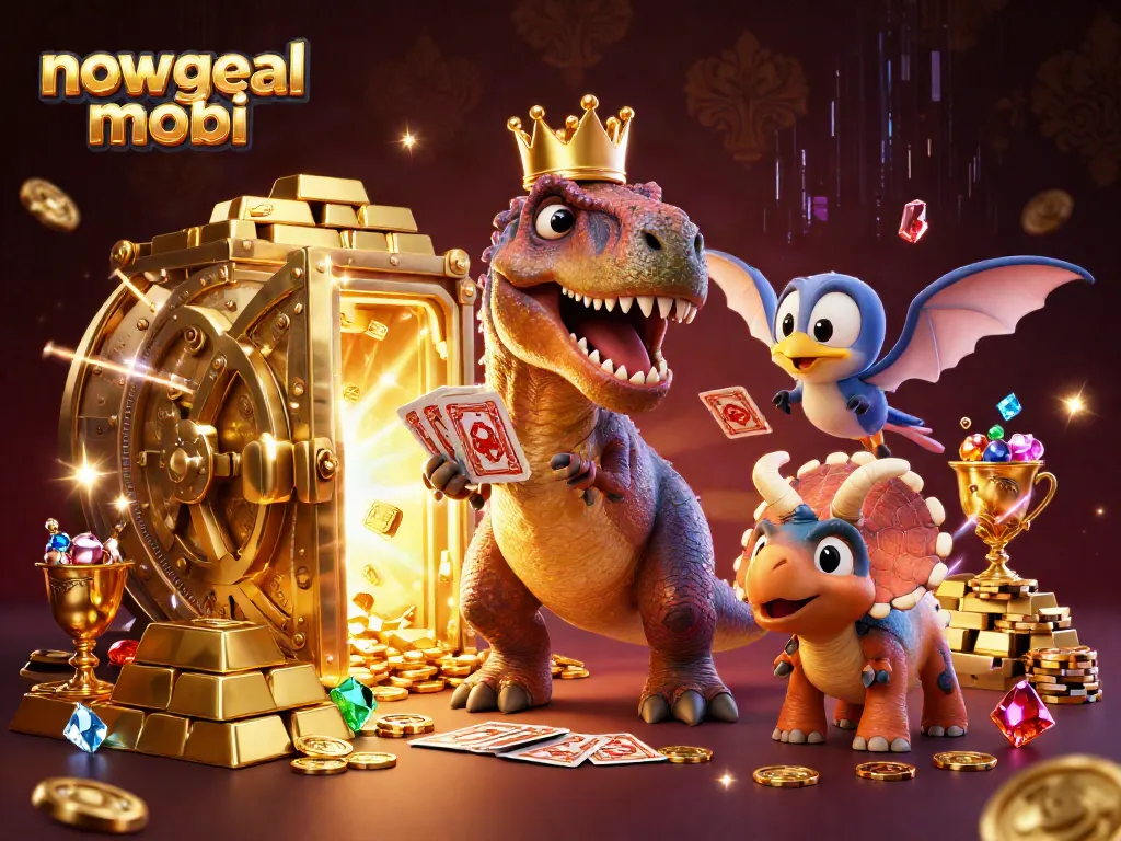 Experience the thrill of nowgoal mobi with a playful T-Rex shuffling cards and a triceratops stacking chips.