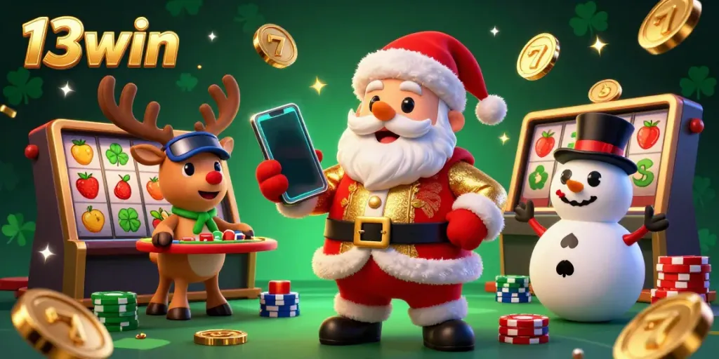 Experience the thrill of 13win with Santa and friends in a festive casino jackpot scene.