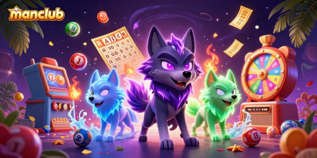 Experience the thrill of manclub with a dynamic scene of animated wolves and vibrant gambling elements.