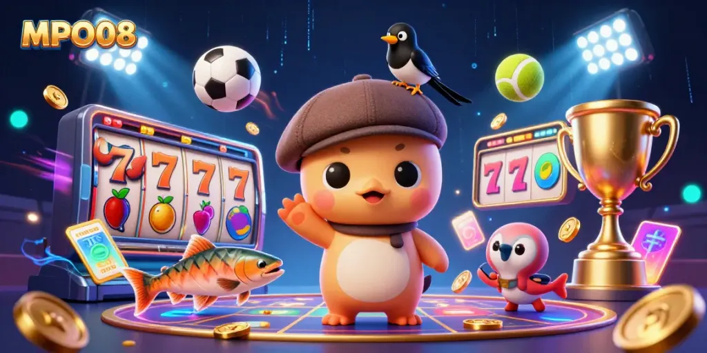 A vibrant 3D illustration of MPO08 featuring Nessie, a magpie, and salmon in a dynamic casino scene.