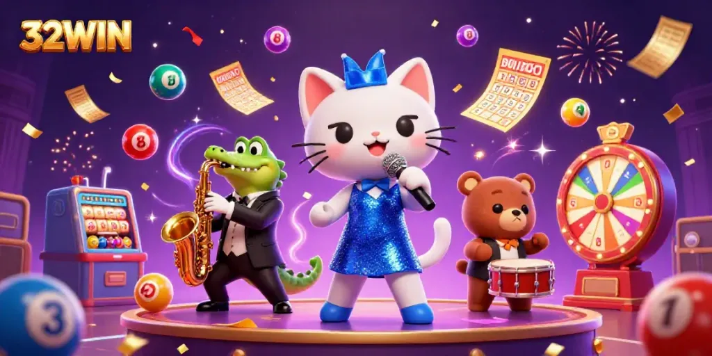 Witness the lively casino scene featuring 32WIN; a jazz-singer cat, sax crocodile, and drum bear amidst vibrant lottery elements.