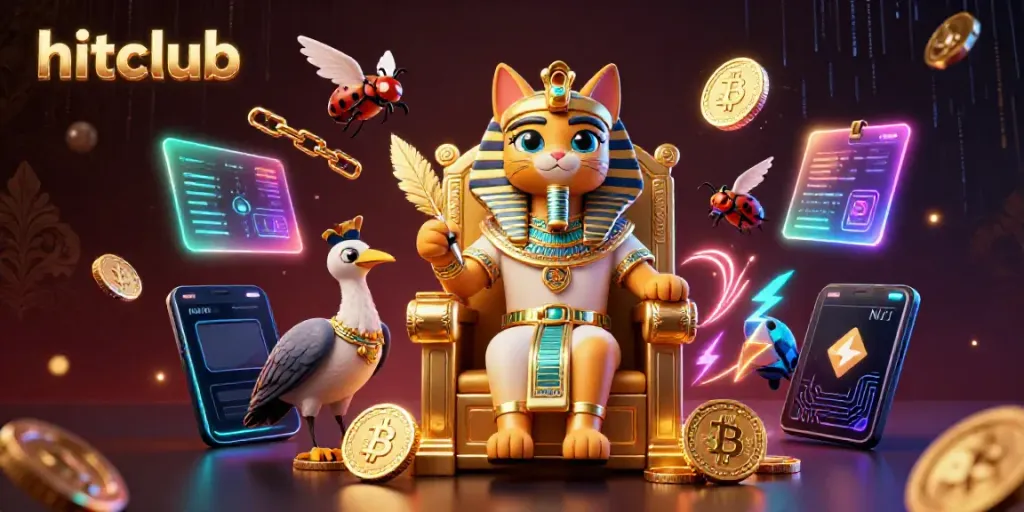 Experience immersive gaming at hitclub, featuring a pharaoh cat amidst mesmerizing gold and crypto elements.