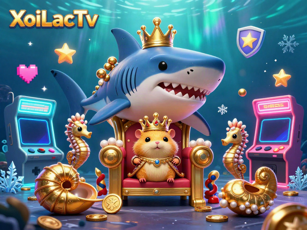Experience thrilling gameplay with XoiLacTv's uniquely styled 3D cartoon representation of a golden hamster king amidst vibrant gambling elements.