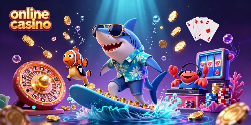 Experience a vibrant online casino scene with a surfing shark, poker chips, and a seahorse!