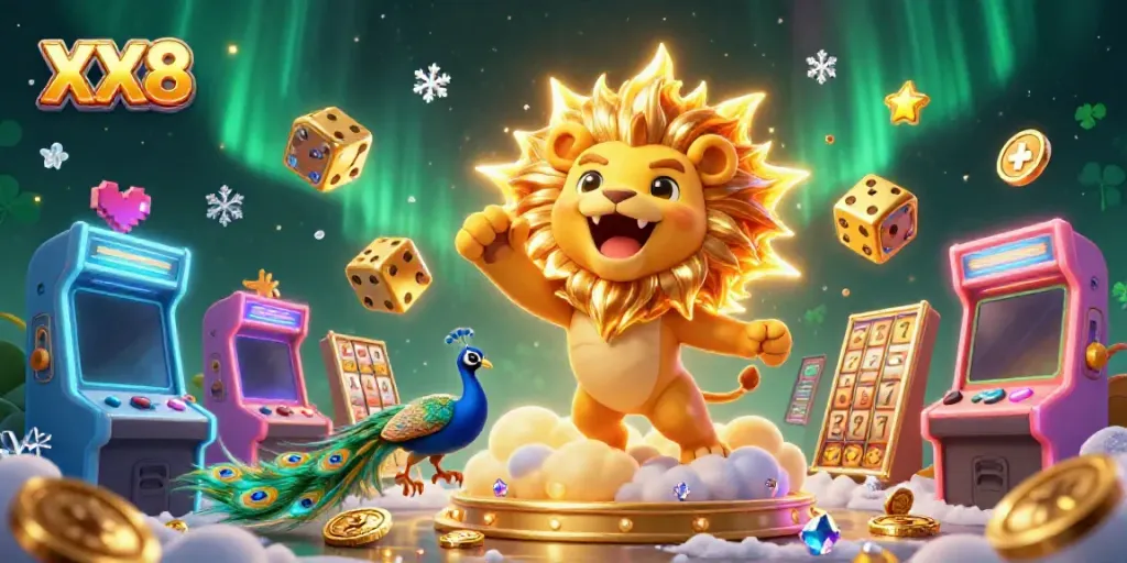 Experience exhilarating gaming with XX8's majestic sun lion amidst dynamic casino elements and vibrant colors.