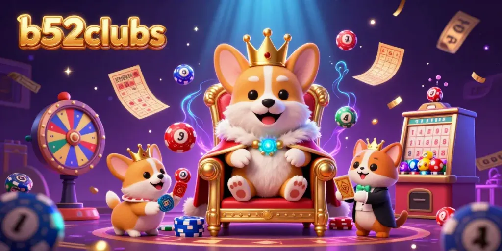 Experience the excitement of b52clubs with vibrant lottery elements and a royal corgi in a dynamic casino scene.