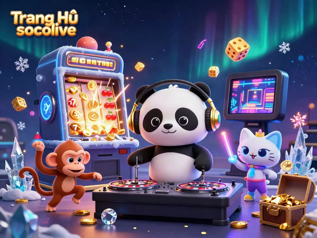 Experience the excitement of Trang Chủ socolive with animated DJ panda and vibrant casino elements in a colorful scene.