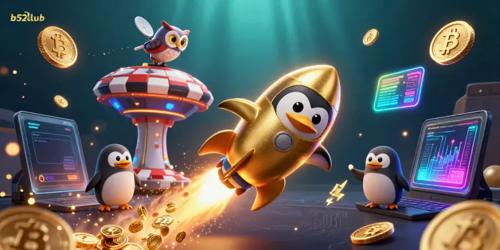 Experience the thrilling universe of b52club with a golden penguin soaring through vibrant casino space.