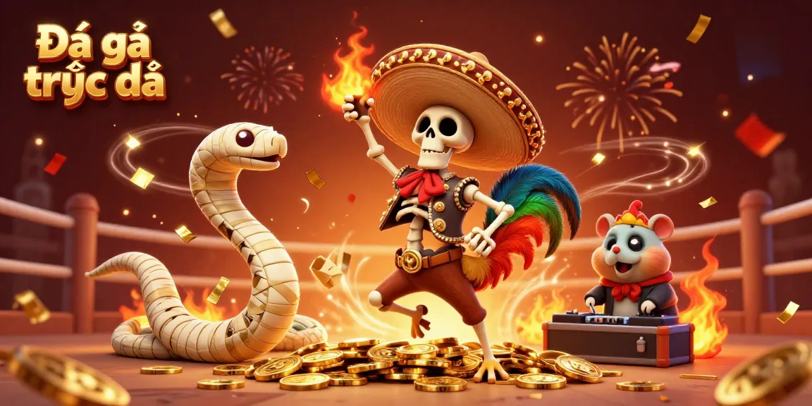 Tham gia vào Đá gà trực tiếp với hình ảnh sống động của xương gà, snake mummy và chuột DJ, mang đến trải nghiệm kịch tính.