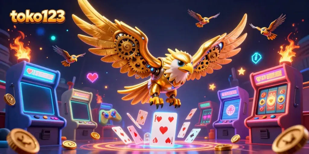 Experience the thrill of casino gaming with toko123, featuring a cybernetic eagle amidst vibrant arcade elements.
