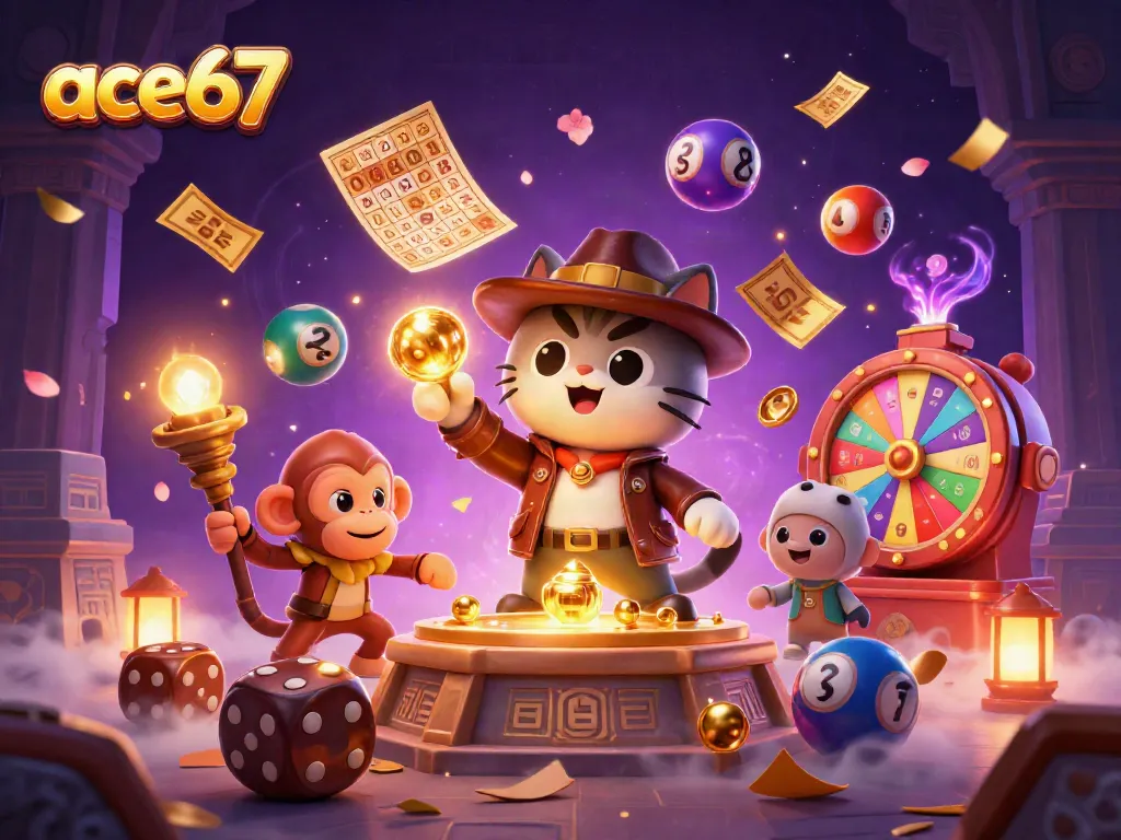Exciting scene of ace67 with an archaeologist cat and monkey discovering casino treasures.